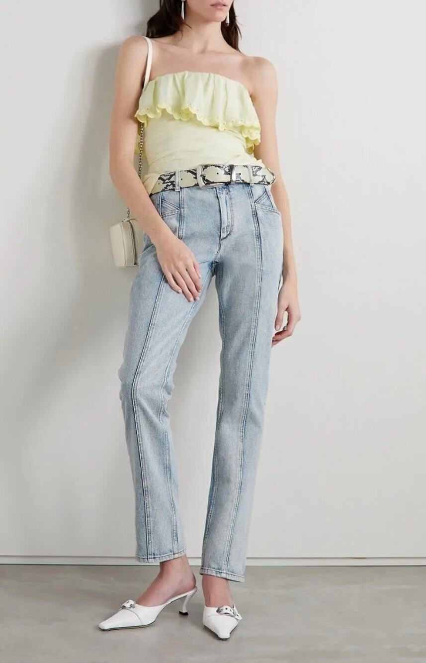 Isabel Marant Women’s 14 Laora Mid-Rise Slim-Leg Light Wash Blue Denim Jeans New